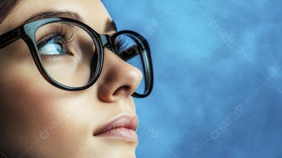 Mulher com Olhar Intenso e Detalhado Através das Lentes de um Óculos em Fundo Azul