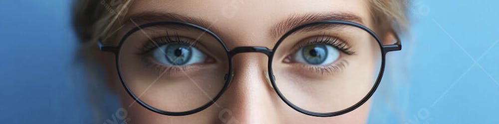 Mulher com Olhar Intenso e Detalhado Através das Lentes de um Óculos em Fundo Azul
