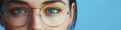 Mulher com Olhar Intenso e Detalhado Através das Lentes de um Óculos em Fundo Azul
