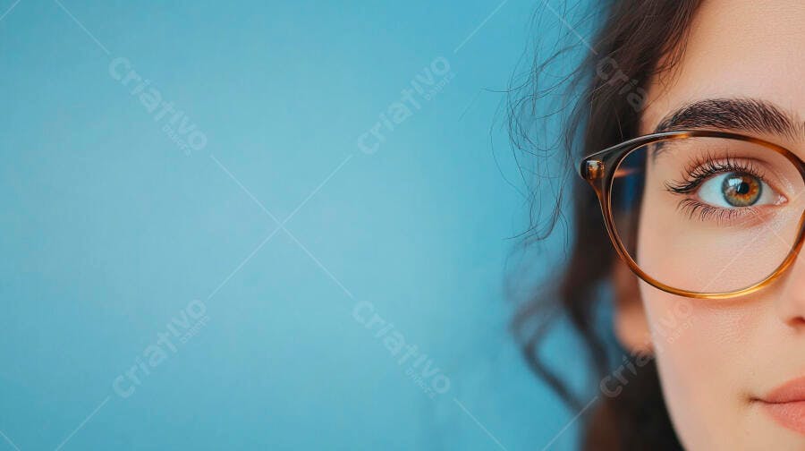 Olho feminino com óculos fundo azul