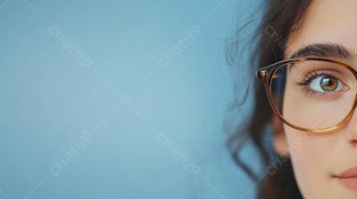 Mulher com Olhar Intenso e Detalhado Através das Lentes de um Óculos em Fundo Azul