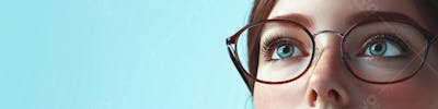 Mulher com Olhar Intenso e Detalhado Através das Lentes de um Óculos em Fundo Azul