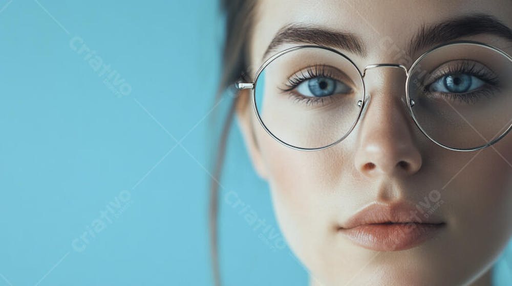 Mulher com Olhar Intenso e Detalhado Através das Lentes de um Óculos em Fundo Azul
