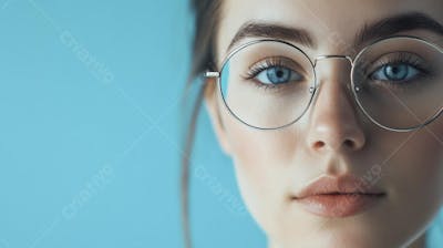 Mulher com Olhar Intenso e Detalhado Através das Lentes de um Óculos em Fundo Azul
