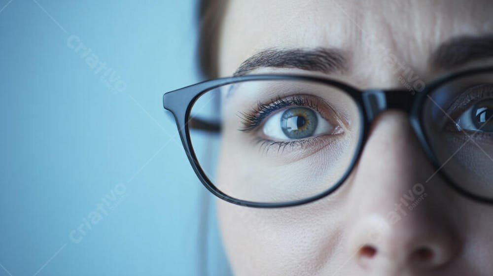 Mulher com Olhar Intenso e Detalhado Através das Lentes de um Óculos em Fundo Azul