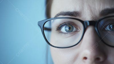 Mulher com Olhar Intenso e Detalhado Através das Lentes de um Óculos em Fundo Azul