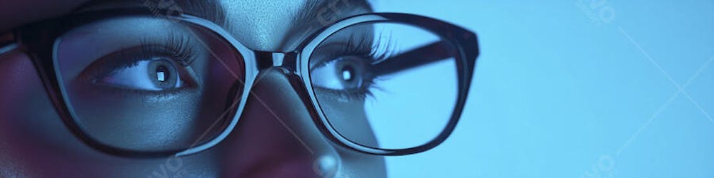 Mulher com Olhar Intenso e Detalhado Através das Lentes de um Óculos em Fundo Azul