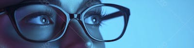 Mulher com Olhar Intenso e Detalhado Através das Lentes de um Óculos em Fundo Azul