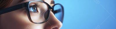 Mulher com Olhar Intenso e Detalhado Através das Lentes de um Óculos em Fundo Azul