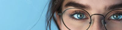 Mulher com Olhar Intenso e Detalhado Através das Lentes de um Óculos em Fundo Azul