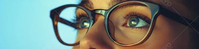Mulher com Olhar Intenso e Detalhado Através das Lentes de um Óculos em Fundo Azul