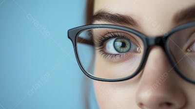 Mulher com Olhar Intenso e Detalhado Através das Lentes de um Óculos em Fundo Azul