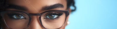 Mulher com Olhar Intenso e Detalhado Através das Lentes de um Óculos em Fundo Azul