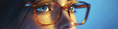 Mulher com Olhar Intenso e Detalhado Através das Lentes de um Óculos em Fundo Azul