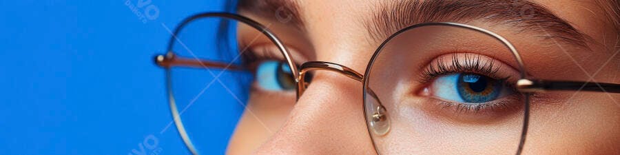 Olhos azuis com óculos redondos fundo azul