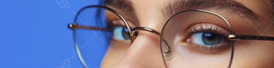 Mulher com Olhar Intenso e Detalhado Através das Lentes de um Óculos em Fundo Azul