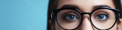 Mulher com Olhar Intenso e Detalhado Através das Lentes de um Óculos em Fundo Azul
