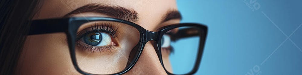 Mulher com Olhar Intenso e Detalhado Através das Lentes de um Óculos em Fundo Azul