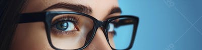 Mulher com Olhar Intenso e Detalhado Através das Lentes de um Óculos em Fundo Azul