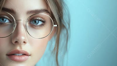 Mulher com Olhar Intenso e Detalhado Através das Lentes de um Óculos em Fundo Azul