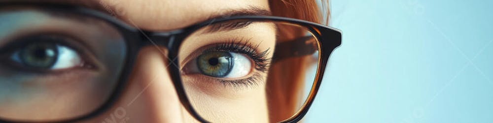 Mulher com Olhar Intenso e Detalhado Através das Lentes de um Óculos em Fundo Azul