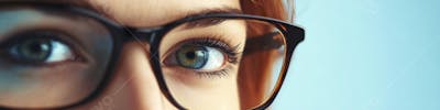Mulher com Olhar Intenso e Detalhado Através das Lentes de um Óculos em Fundo Azul