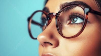 Mulher com Olhar Intenso e Detalhado Através das Lentes de um Óculos em Fundo Azul