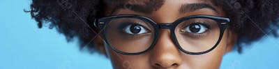 Mulher com Olhar Intenso e Detalhado Através das Lentes de um Óculos em Fundo Azul