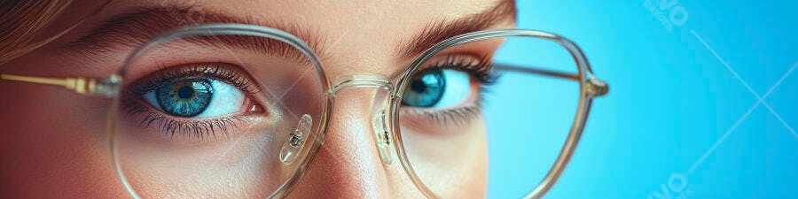 Olhos azuis com óculos transparentes