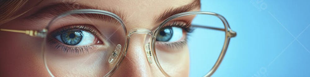 Mulher com Olhar Intenso e Detalhado Através das Lentes de um Óculos em Fundo Azul