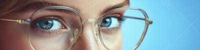 Mulher com Olhar Intenso e Detalhado Através das Lentes de um Óculos em Fundo Azul