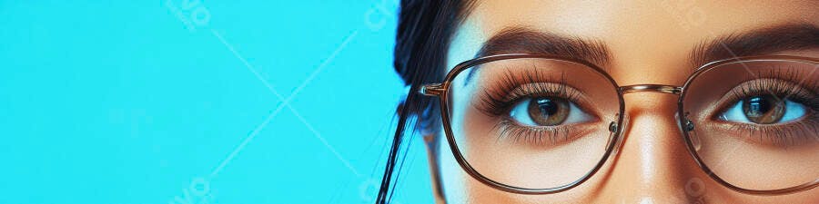 Olhos castanhos com óculos fundo azul