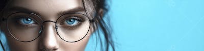 Mulher com Olhar Intenso e Detalhado Através das Lentes de um Óculos em Fundo Azul