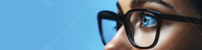 Mulher com Olhar Intenso e Detalhado Através das Lentes de um Óculos em Fundo Azul