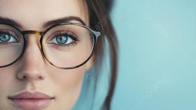 Mulher com Olhar Intenso e Detalhado Através das Lentes de um Óculos em Fundo Azul