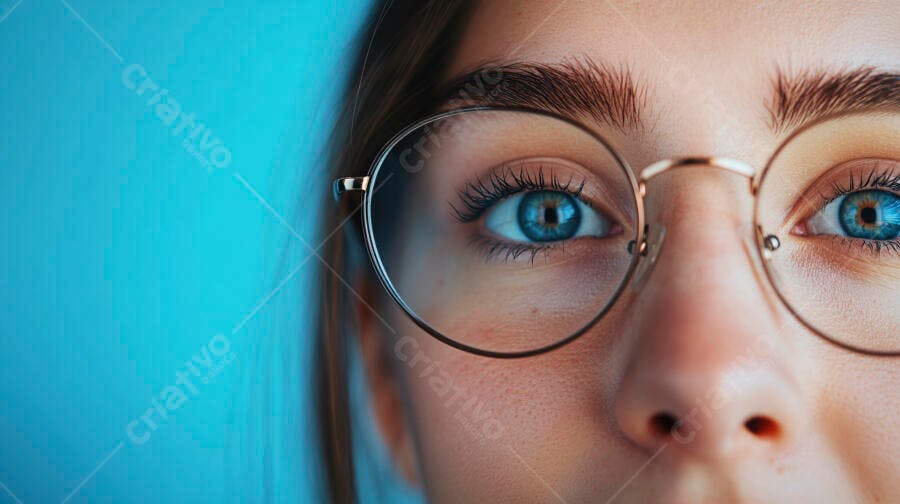 Olhos azuis com óculos redondos