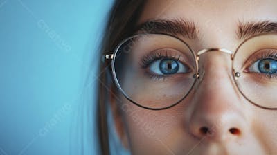 Mulher com Olhar Intenso e Detalhado Através das Lentes de um Óculos em Fundo Azul