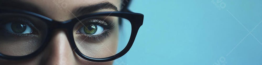 Mulher com Olhar Intenso e Detalhado Através das Lentes de um Óculos em Fundo Azul