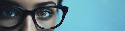 Mulher com Olhar Intenso e Detalhado Através das Lentes de um Óculos em Fundo Azul