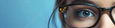 Mulher com Olhar Intenso e Detalhado Através das Lentes de um Óculos em Fundo Azul