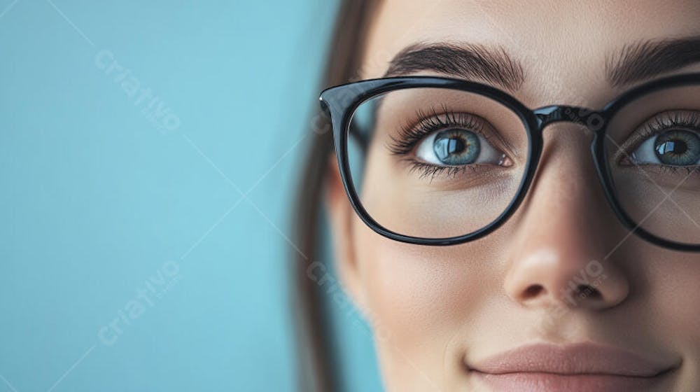Mulher com Olhar Intenso e Detalhado Através das Lentes de um Óculos em Fundo Azul