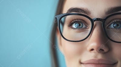 Mulher com Olhar Intenso e Detalhado Através das Lentes de um Óculos em Fundo Azul