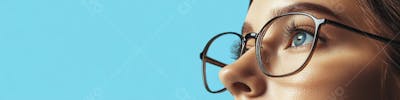 Mulher com Olhar Intenso e Detalhado Através das Lentes de um Óculos em Fundo Azul