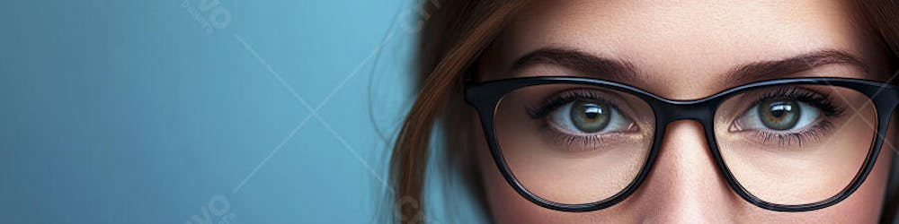 Mulher com Olhar Intenso e Detalhado Através das Lentes de um Óculos em Fundo Azul