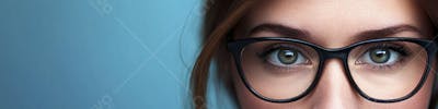 Mulher com Olhar Intenso e Detalhado Através das Lentes de um Óculos em Fundo Azul