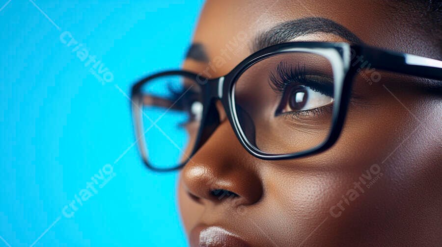 Olhar feminino com óculos fundo azul