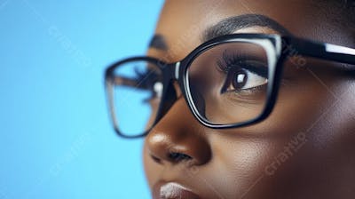 Mulher com Olhar Intenso e Detalhado Através das Lentes de um Óculos em Fundo Azul