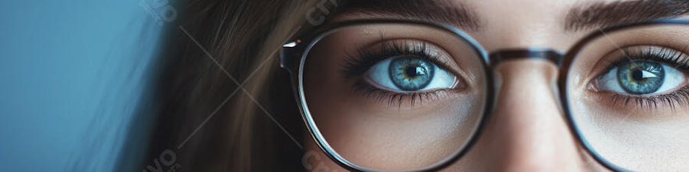 Mulher com Olhar Intenso e Detalhado Através das Lentes de um Óculos em Fundo Azul