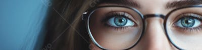 Mulher com Olhar Intenso e Detalhado Através das Lentes de um Óculos em Fundo Azul