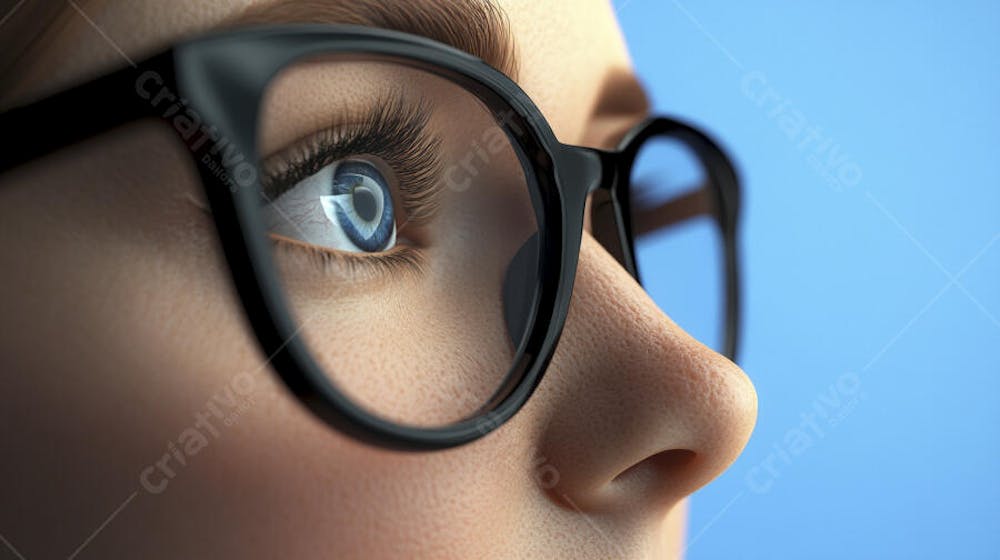 Mulher com Olhar Intenso e Detalhado Através das Lentes de um Óculos em Fundo Azul